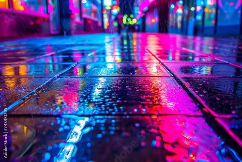 Perspective view of a neon-lit street with vibrant, colorful reflections on a wet surface, creating a cyberpunk aesthetic.