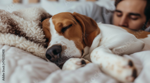 Peaceful beagle dog sleeping on tidy white bed with soft blanket with owner