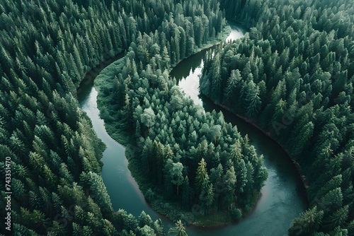 Aerial View of a River Flowing through a Forest photo