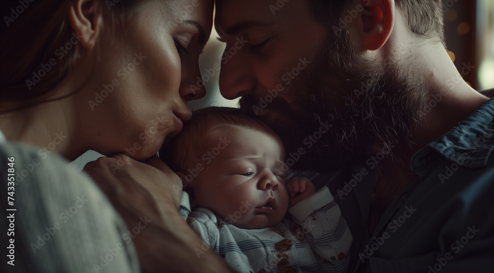 Happy couple kissing newborn baby, showing affection to infant child Happy couple kissing newborn baby, showing affection to infant child