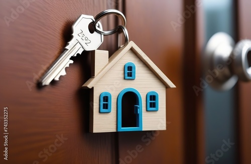 House-shaped key with a keychain inserted into the door keyhole