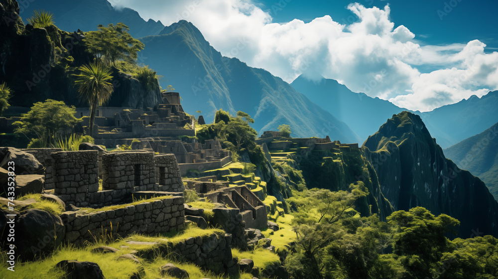 Ancient Wonder: Dramatic Shot of Machu Picchu, Emphasizing Stone Structures and Natural Beauty