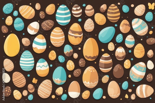 Fundo com tema da Páscoa com desenhos de ovos de chocolate estilizados em tons azul, amarelo e marrom, gerado com ia. photo