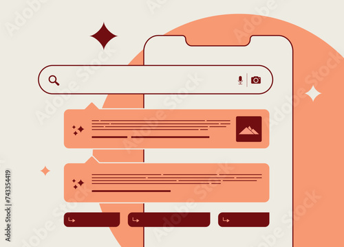 SGE Search experience concept, innovative generative AI search technology, AI-powered exploration, future search engine design. Vector isolated illustration on white background with icons