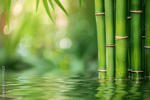 Aligned bamboo stalks gently sway in water against a sunlit backdrop, creating a tranquil and natural scene. The verdant greenery of the bamboo stems complements the serene Asian-inspired landscape, 