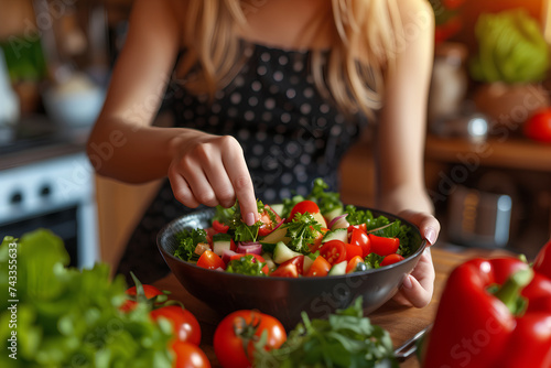 Young woman preparing vegetable salad in kitchen  emphasizing healthy eating and diet concept.     