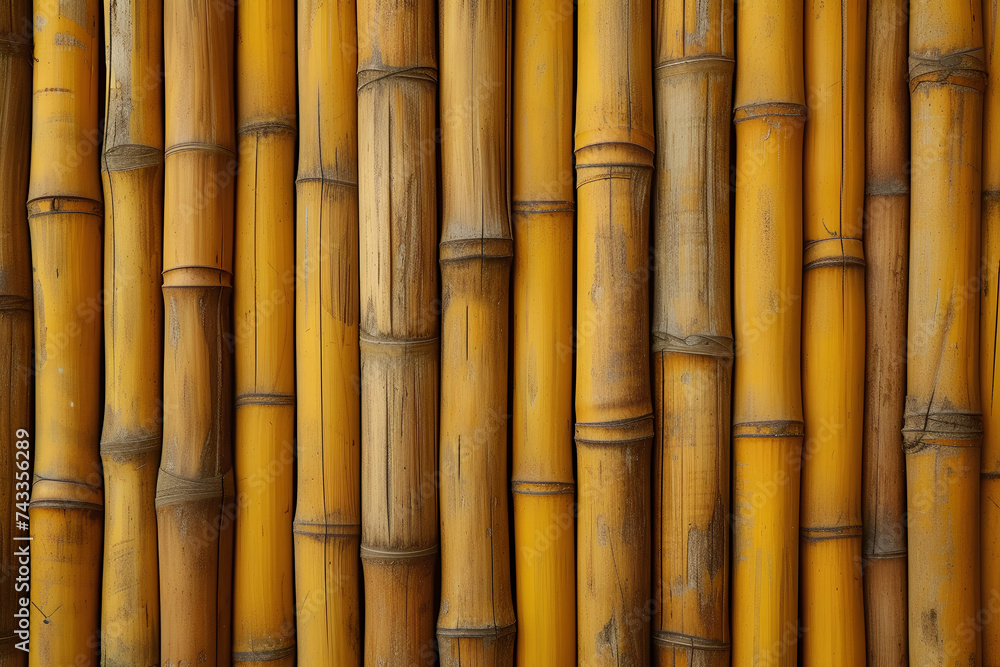 Fototapeta premium An eco-friendly concept is embodied in a background of a yellow bamboo fence. The texture of old brown-toned bamboo planks lends a rustic charm, evoking a sense of natural beauty and sustainability.