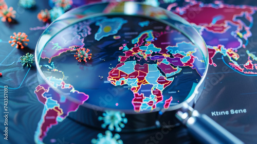 A magnifying glass on top of a world map highlighting regions of concern in terms of epidemic spread thanks to realtime analytics and modeling.