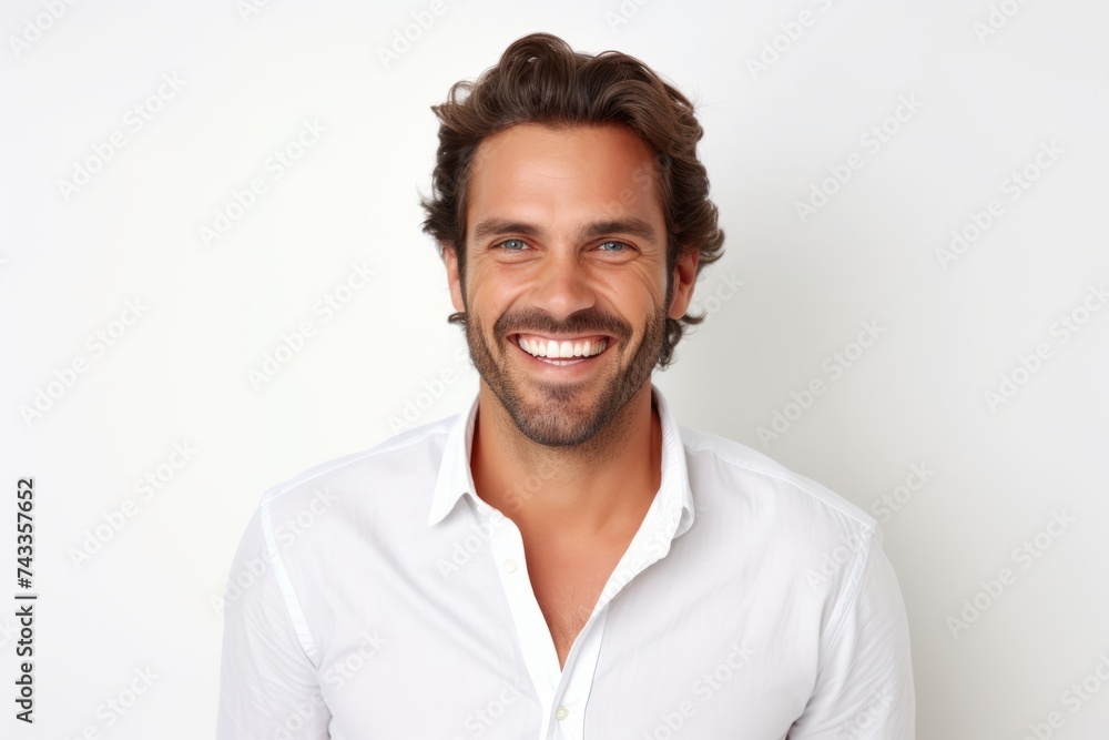 Portrait of a handsome young man smiling while standing against white background Portrait of a handsome young man smiling while standing against white background