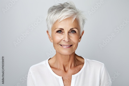 Happy mature woman. Portrait of beautiful mature woman looking at camera and smiling while standing against grey background