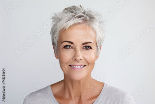 Portrait of a beautiful middle-aged woman with grey hair.