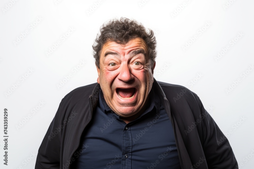 Funny man shouting over isolated white background, studio shot, front view Funny man shouting over isolated white background, studio shot, front view