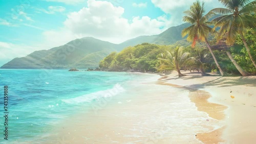 island with palm tree and beauitufl beach. sunny tropical beach with palm trees. seamless looping overlay 4k virtual video animation background  photo