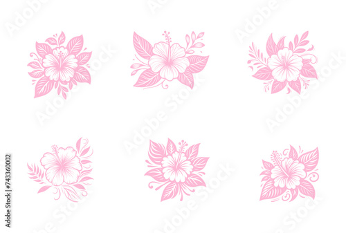 vector set of hibiscus flower line art style - pink (artwork 2)