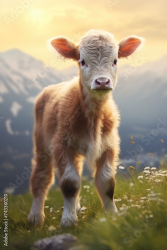 Cute calf in the field on the background of the mountains photo