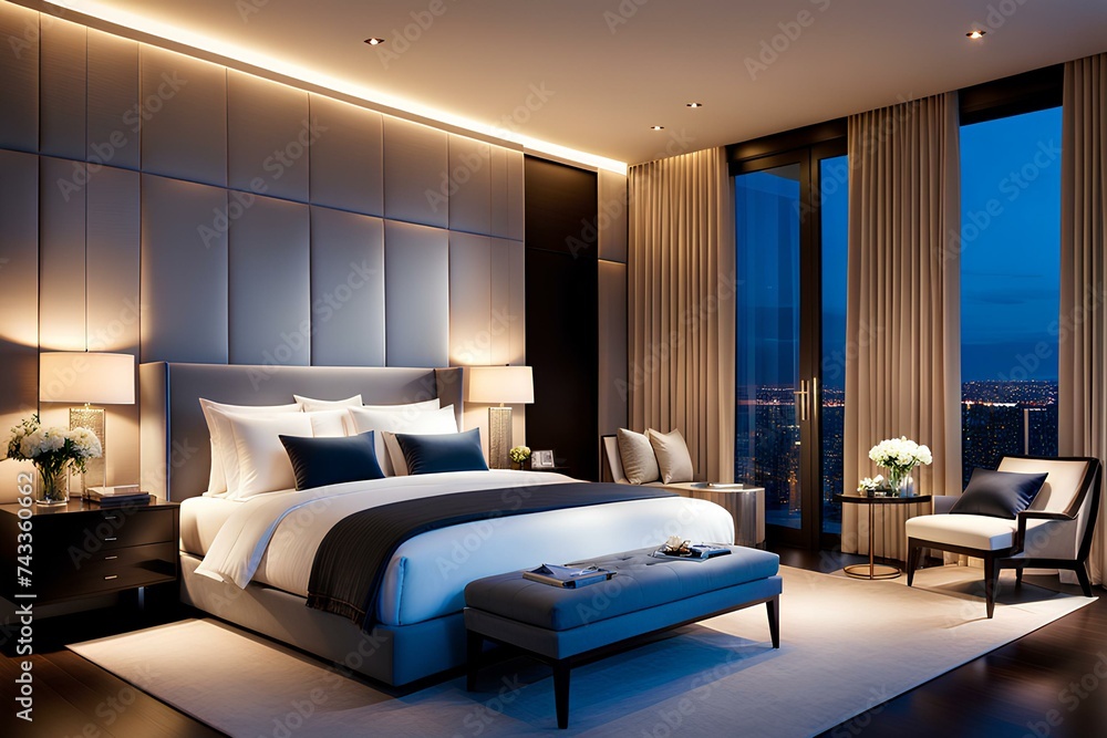A cozy yet sophisticated bedroom adorned with plush textiles and subtle accent lighting A cozy yet sophisticated bedroom adorned with plush textiles and subtle accent lighting