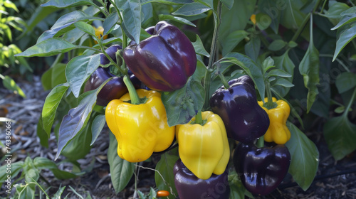 An ortment of colorful bell peppers ranging from deep purple to bright yellow hanging from a sy plant in the garden. photo