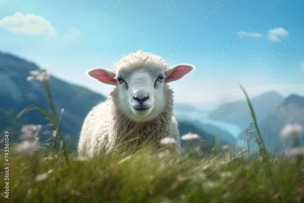 Cute sheep in a field on the background of mountains