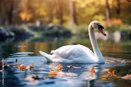 Cute swan swims in the pond