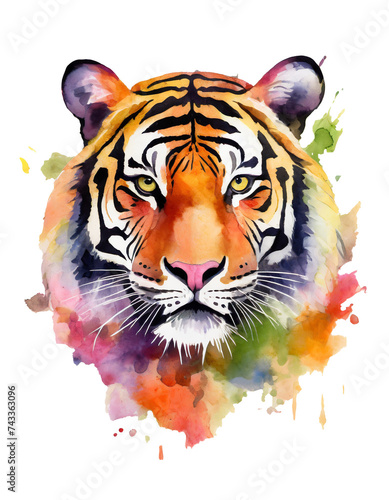 High quality, logo style, Watercolor, powerful colorful tiger face logo facing forward, white background photo