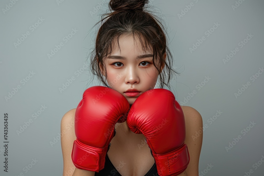 Strong young Asian woman in red gloves confidently faces the camera on a blue background. Ai Generated. Strong young Asian woman in red gloves confidently faces the camera on a blue background. Ai Generated.