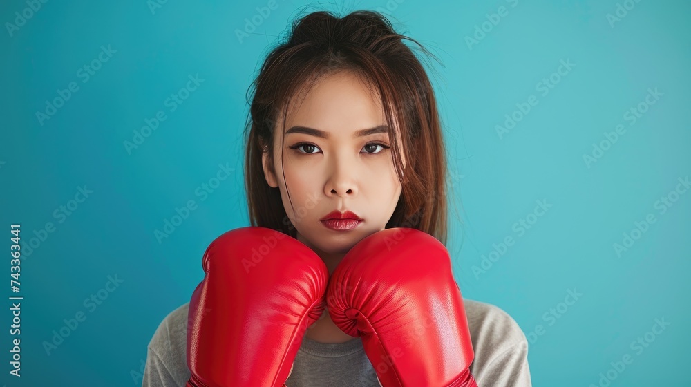 Strong young Asian woman in red gloves confidently faces the camera on a blue background. Ai Generated. Strong young Asian woman in red gloves confidently faces the camera on a blue background. Ai Generated.