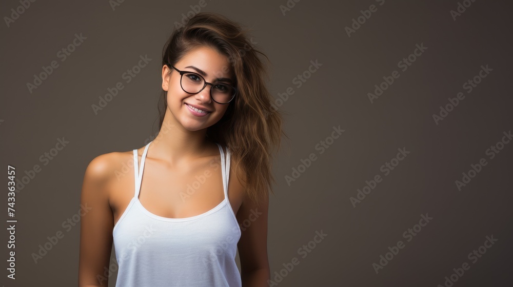 Studio portrait of a cheerful young woman with shaggy curly hair, smiling brightly. Ai Generated. Studio portrait of a cheerful young woman with shaggy curly hair, smiling brightly. Ai Generated.