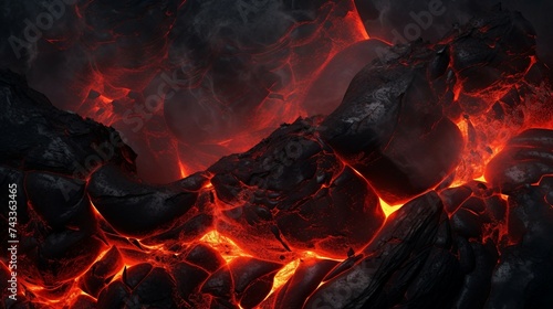 Lava close up background with red flames and black rocks AI Generated