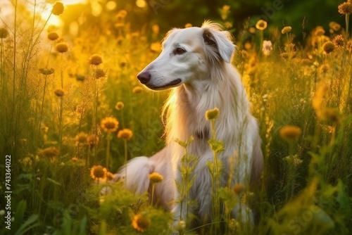 Borzoi dog sitting in meadow field surrounded by vibrant wildflowers and grass on sunny day ai generated