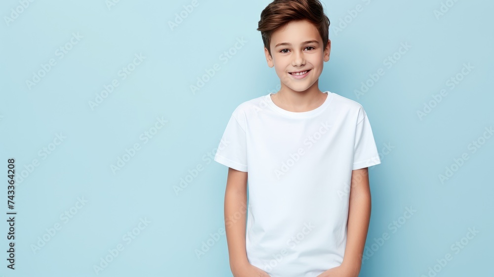 Kid model in white tee, potential fashion, Ai Generated. Kid model in white tee, potential fashion, Ai Generated.