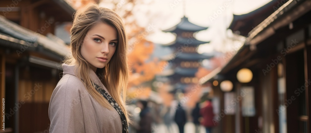 A foreigner embraces life in Kyoto, joyfully looking at the camera amidst the rich tapestry of a different culture. Ai Generated.