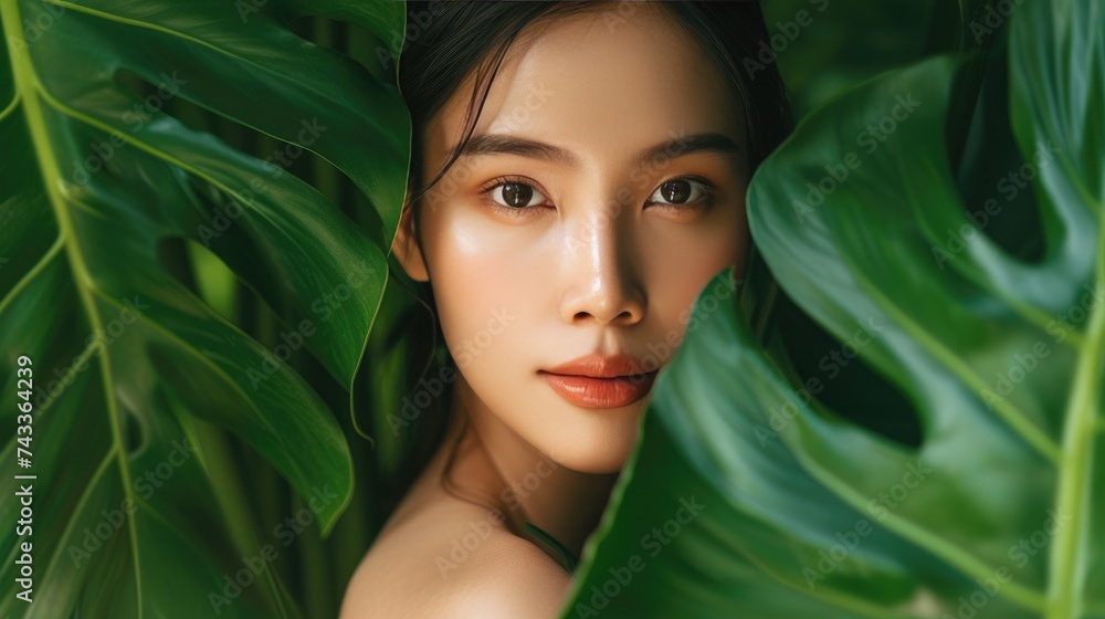 A portrait of a young, beautiful Asian woman with flawless skin, playfully hiding behind giant tropical leaves. Ai Generated. A portrait of a young, beautiful Asian woman with flawless skin, playfully hiding behind giant tropical leaves. Ai Generated.