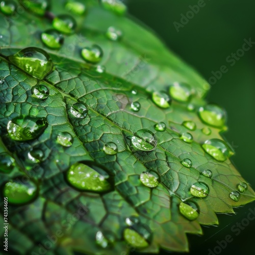 Raindrops cling to a leaf's surface, magnifying the intricate green patterns beneath.