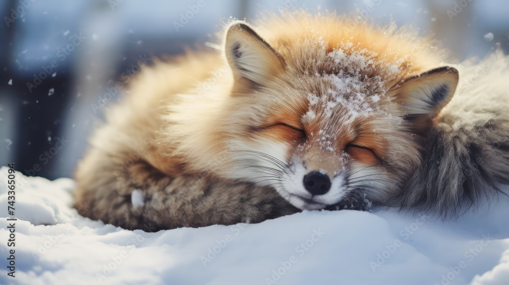A Brown Fox is sleeping on the snow. Fox family with overly hungry faces in fox village, abstract background. beautiful scenery, perfection. A Brown Fox is sleeping on the snow. Fox family with overly hungry faces in fox village, abstract background. beautiful scenery, perfection.