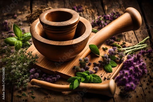 Wooden mortar with space for text, containing fresh and fragrant herbs