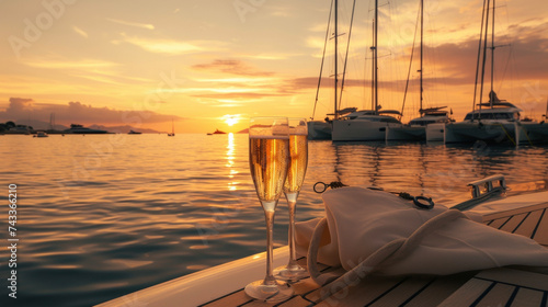 Background Relaxing on a yacht enjoying a gl of champagne while watching the sunset over the horizon and the boats anchored in the harbor.