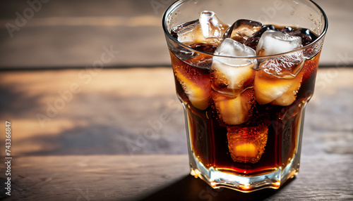 Cola soda glass with ice cubes on wooden table.