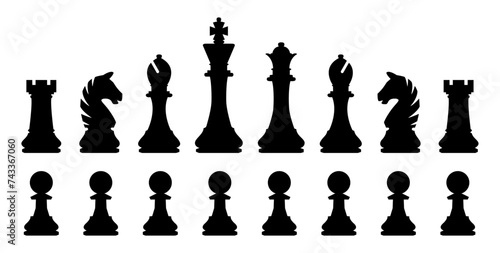 Editable vector silhouettes of a set of standard chess pieces photo