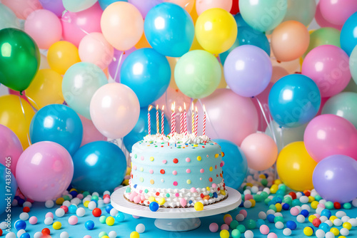 birthday party balloons, colourful balloons background and birthday cake with candles 