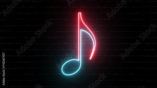 music icon animation. Neon and glowing, single musical note icon abstract animation.