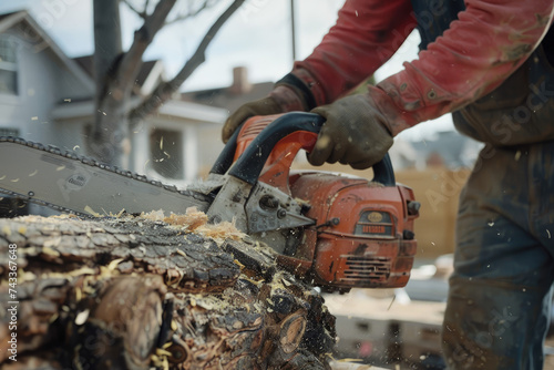 Close up of construction worker cutting trees using portable gasoline chainsaw