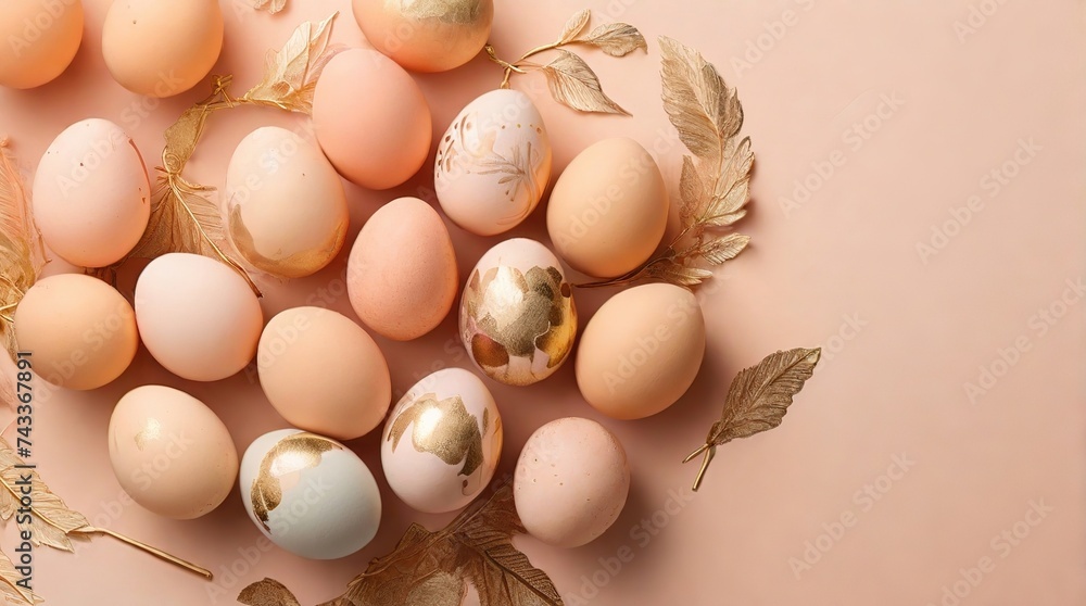 Easter eggs painted in gold and peach fuzz colors on a peach color background, top view, Easter concept in trendy colors 2024 Easter eggs painted in gold and peach fuzz colors on a peach color background, top view, Easter concept in trendy colors 2024