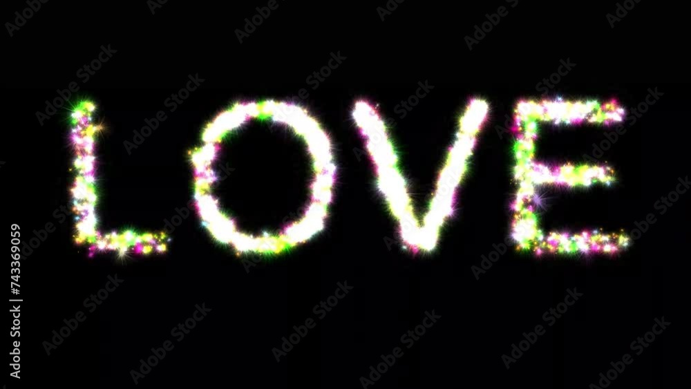 Love text with colorful glitters on plain black background Love text with colorful glitters on plain black background