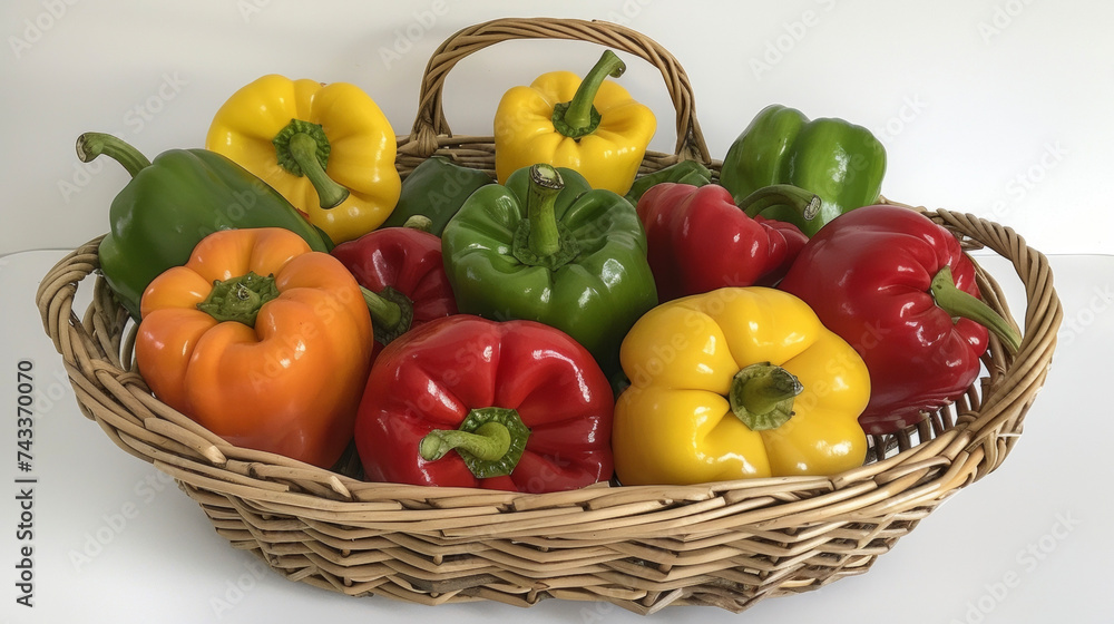 A basket b with bell peppers of different colors and sizes is ready to be transported to the market. The bright red green and yellow peppers create a beautiful rainbow of