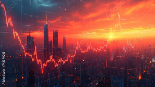 Building skyscrapers A futuristic city skyline is shown in the background of this image while in the foreground a chart displays the upward trajectory of inflation and economic photo