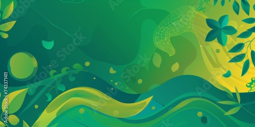 Dynamic abstract nature scene with swirling green patterns and yellow accents  evoking an energetic yet harmonious ecosystem.