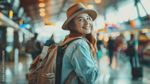 happy young female traveler with backpack at airport terminal, travel concept