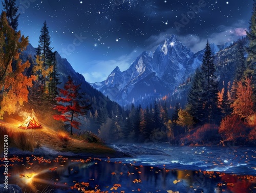 Campfire burns brightly under a starlit sky by a mountain river surrounded by the vibrant colors of autumn foliage.