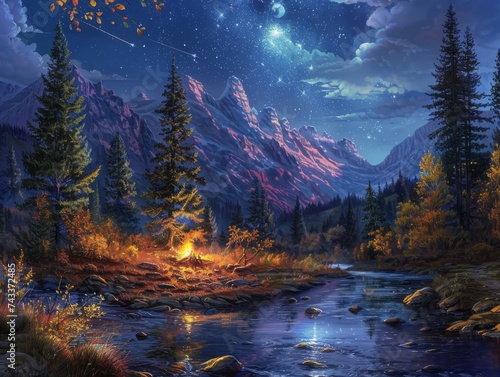 Under a starlit sky, the vibrant colors of autumn foliage surround a mountain river where a campfire burns brightly, casting a warm glow upon the tranquil scene.