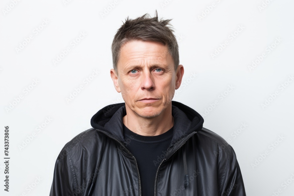 Portrait of a man in a leather jacket on a white background